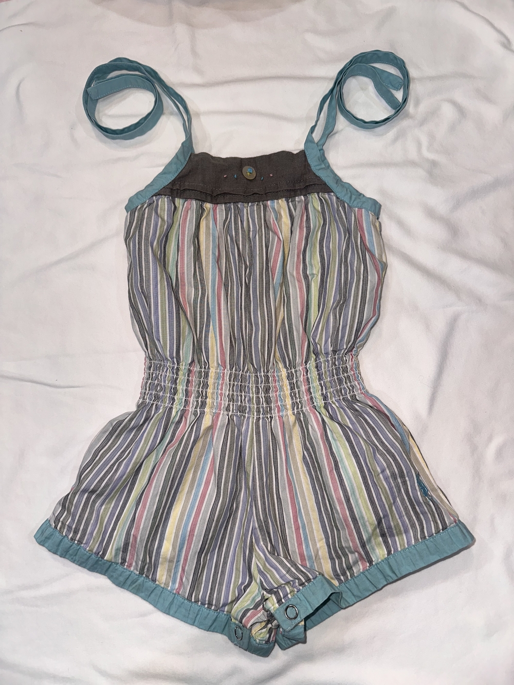 W.D. Wolf Daydream Girls' Striped Romper with Teal Trim 24m